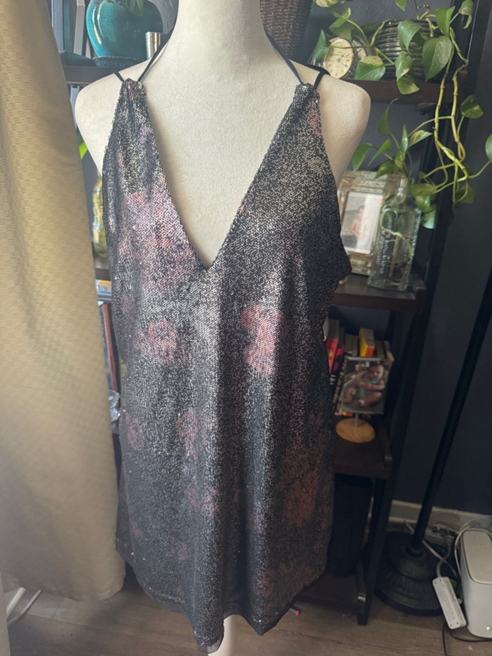 Free People Metallic Black Slip Dress with Pink Floral Accents